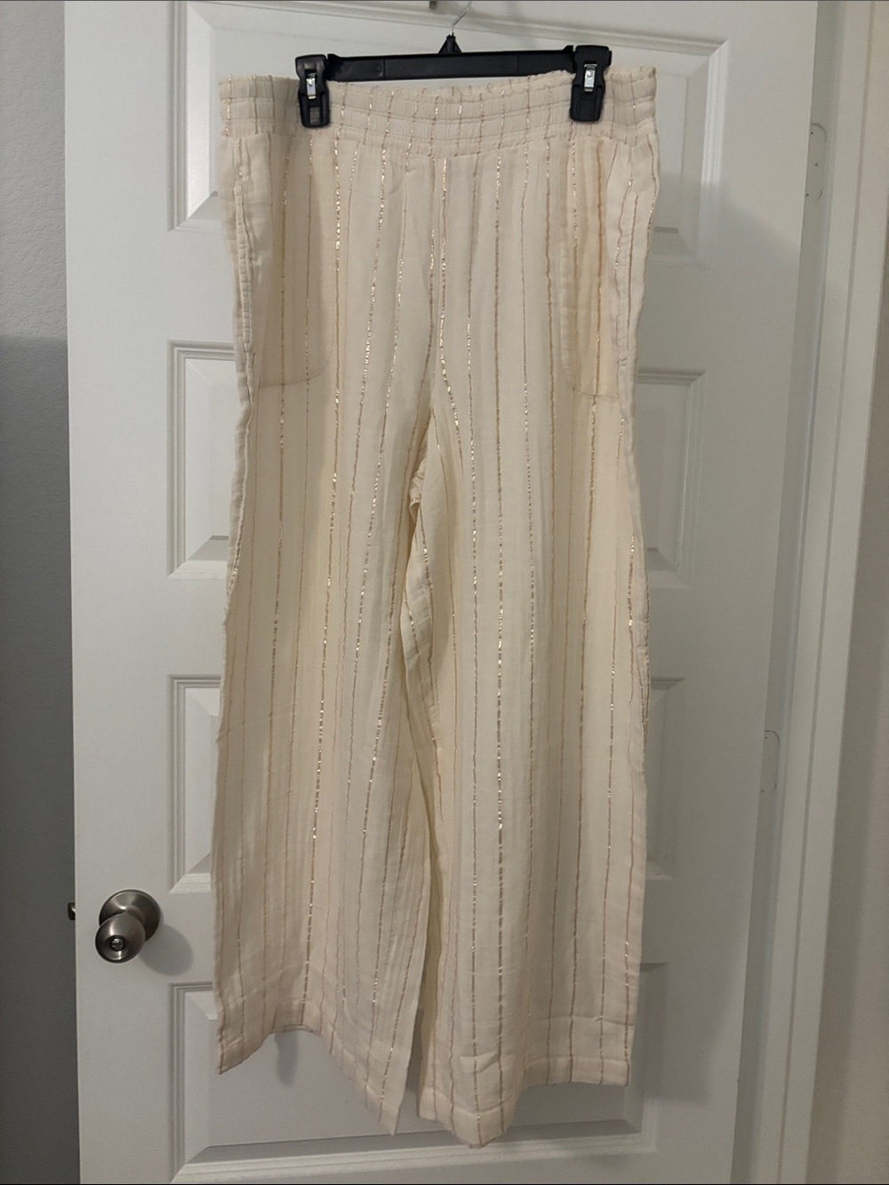 Soma champagne & gold stripe cotton gauze pajama pants SZ XL smocked waist light